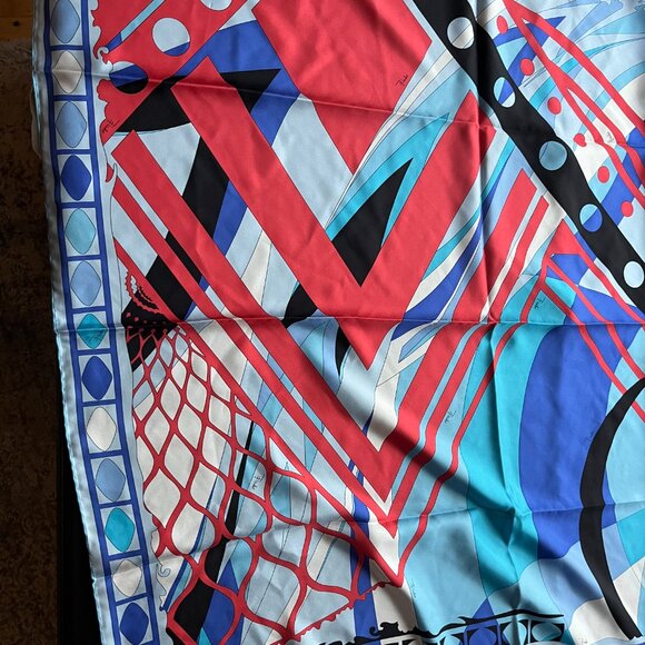 ❌SOLD❌Emilio Pucci Silk Scarf Large Square Blue Red Print Design - Picture 5 of 7